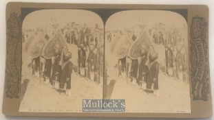 India – c1900 real photo stereo view showing Sikh footmen depicted with spears, umbrellas and