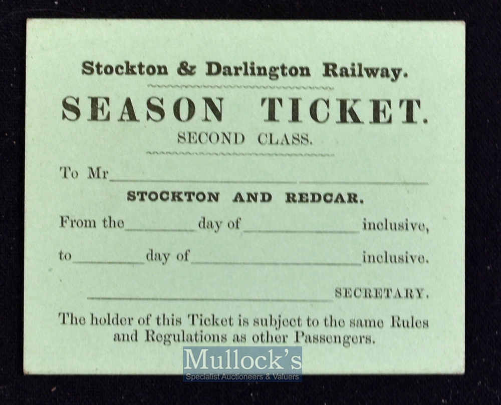 Stockton and Darlington Railway Company^ c.1850-60s Ticket 2nd Class season ticket between