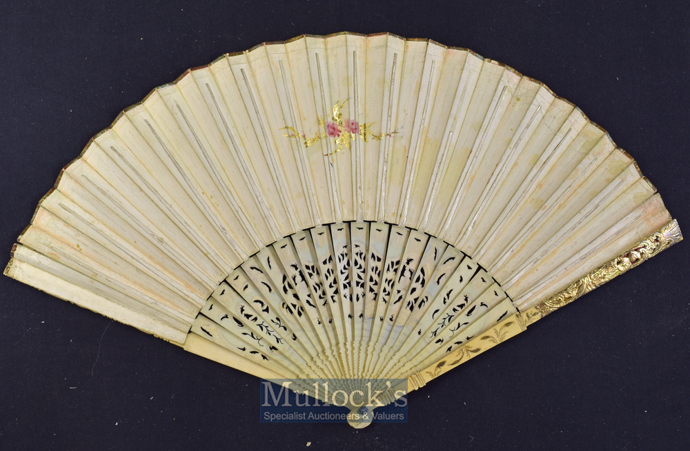 An Early Dutch Folding Fan^ c. 1780s A beautiful folding fan with bone pierced and inlaid guards - Image 2 of 2