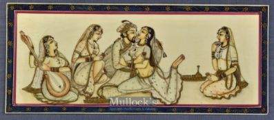 Fine Indian Miniature painting gouache on ivorine 19th century depicts a prince with four female