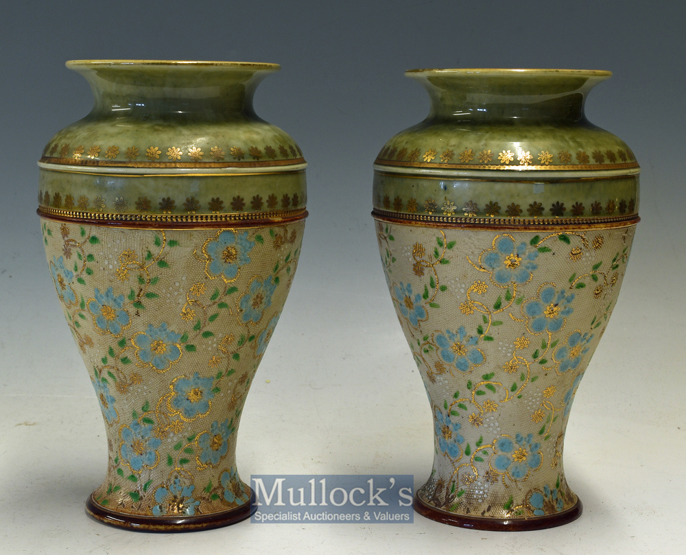 Pair of Royal Doulton Slaters Stoneware Vases marked 7585^ F^ with ‘Lion^ Crown and connected D’