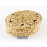 15th c Carved Bone Hinged Box Dated 1488 of oval form with overall carved decoration with repeat