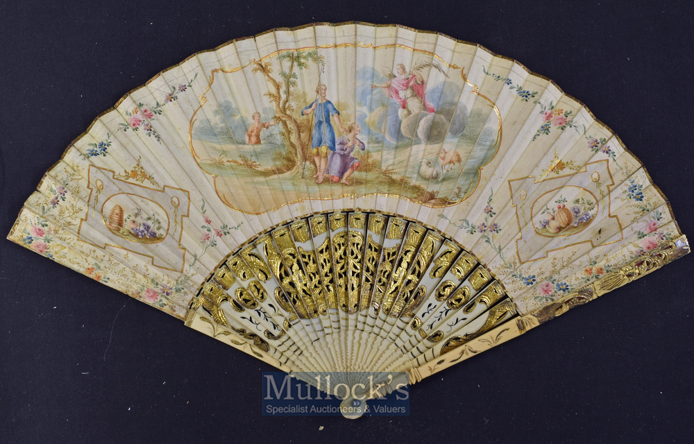 An Early Dutch Folding Fan^ c. 1780s A beautiful folding fan with bone pierced and inlaid guards