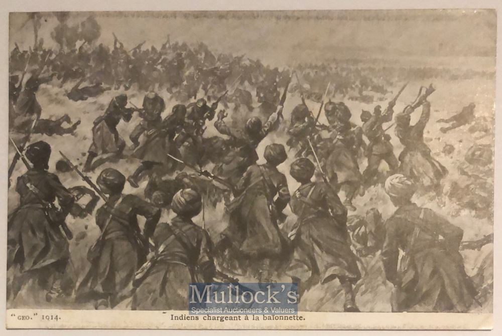 India – WWI Original postcard showing Sikhs charging a German trench during c1914