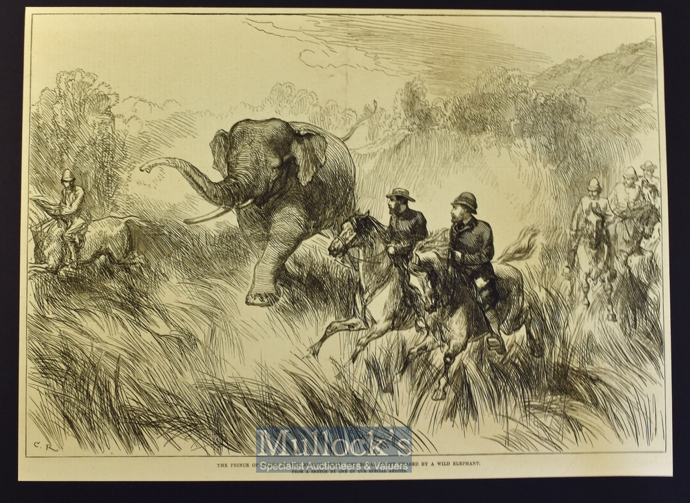 India - Nepal - Two original engravings Hunting a Wild Elephant 34x25cm and Royal Party Chased by