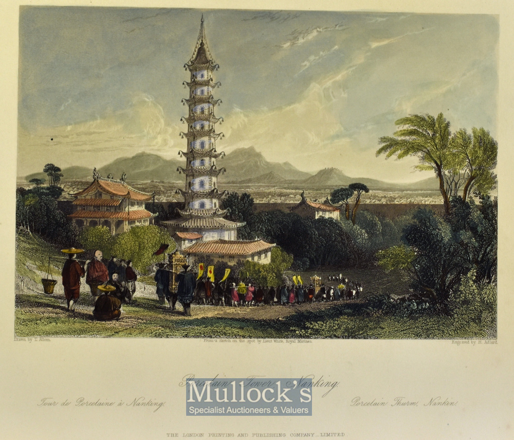 China - 1843 Porcelain Tower Nanking coloured engraving drawn y T. Allom measures 25x20cm approx