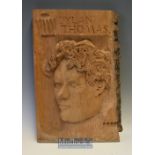 Dylan Thomas Portrait Wood Carving: Carved from one piece of wood and signed JH 1983^ 50 x 36cm