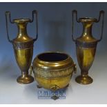 Victorian Aesthetic Brass Vases and Central Jardinière all with fine cast detail and patination^