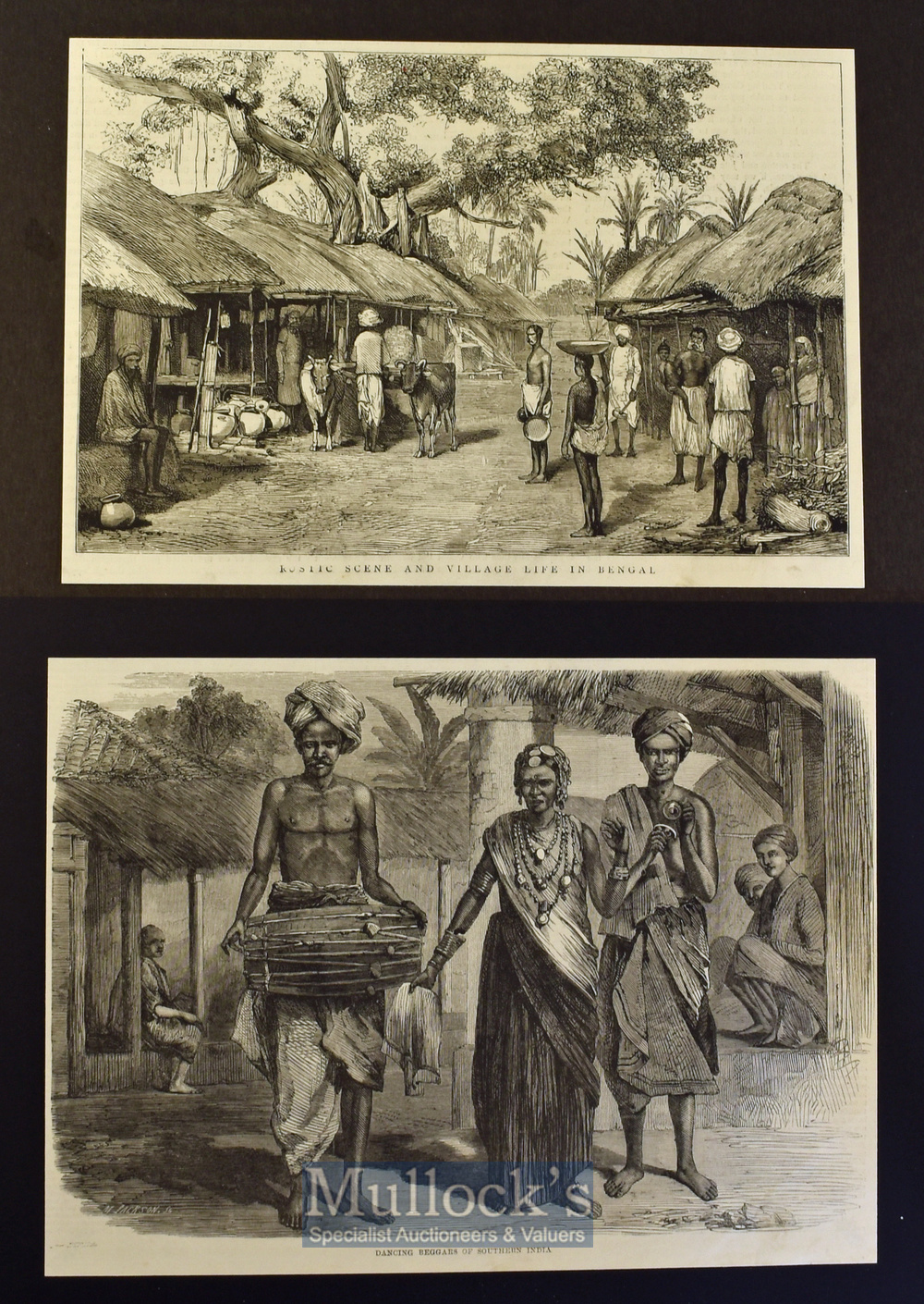 India - Two original engravings to include Rustic scene and Village Life in Bengal 1875^ Dancing