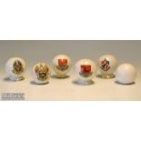 5 Crested Ware Bramble Golf Balls: with crests Hitchin^ Blackpool^ Heysham (small chip)^ Luton^