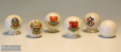 5 Crested Ware Bramble Golf Balls: with crests Hitchin^ Blackpool^ Heysham (small chip)^ Luton^