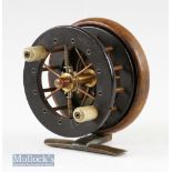 Rare ‘The Coxon Aerial’ 3” ebonite and mahogany centrepin reel having a mahogany backplate with