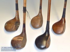 Selection of various size golf club woods (5) Hugh Dewar Troon large spoon^ large head brassie