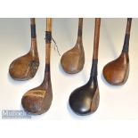 Selection of various size golf club woods (5) Hugh Dewar Troon large spoon^ large head brassie