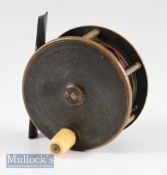 Good Gow and Sons Makers Dundee 3 ¼” brass salmon fly reel retaining much of the original dark