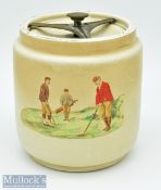 Wiltshaw and Robinson Carlton Ware Golfing Tobacco Humidor c1900: Heavy ceramic jar with period golf