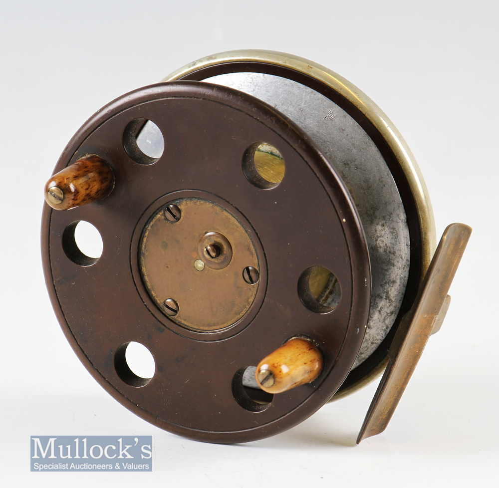 Unnamed Slater 4” ebonite and brass centre pin reel star back with nickel silver bound rim to