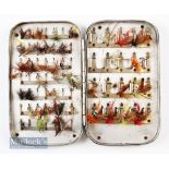 Hardy Bros Alnwick alloy fly case with hardy clips internally containing a selection of flies^