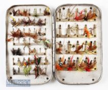 Hardy Bros Alnwick alloy fly case with hardy clips internally containing a selection of flies^