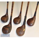 Selection of various size golf club woods (5) W T Donaldson Glasgow large head brassie^ J A Steer