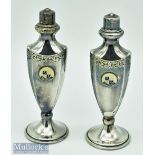 Silver plated Art Deco Golf Salt & Pepper: 2 vase shaped pots with enamel circular plaques