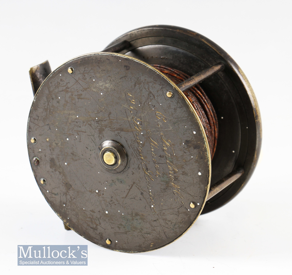 C Farlow 191 Strand London 4” wide drum all brass plate wind reel with four pillar construction^ - Image 2 of 3