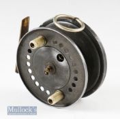 Ogden Smiths London 4 1/8” centre pin reel J.W Young built^ twin handle^ rim mounted check lever^