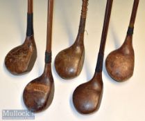 Selection of various size golf club woods (5) – George Law large head spoon^ H Walker large headed