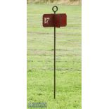 Late 19th c red metal rotating golf pin flag – no.17 fitted with 4x weather vanes – overall 51”