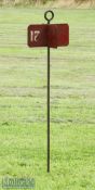 Late 19th c red metal rotating golf pin flag – no.17 fitted with 4x weather vanes – overall 51”