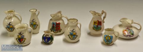 Selection of Crested Ware ceramic pots: featuring various towns with famous golfing venues -