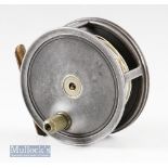 Un-named J W Young built 4” alloy Salmon fly reel wide drum with line^ smooth brass foot^ appears to