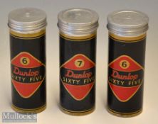 3x Early Dunlop Sixty Five Golf Ball tubular alloy tins – to hold three golf balls with Dunlop