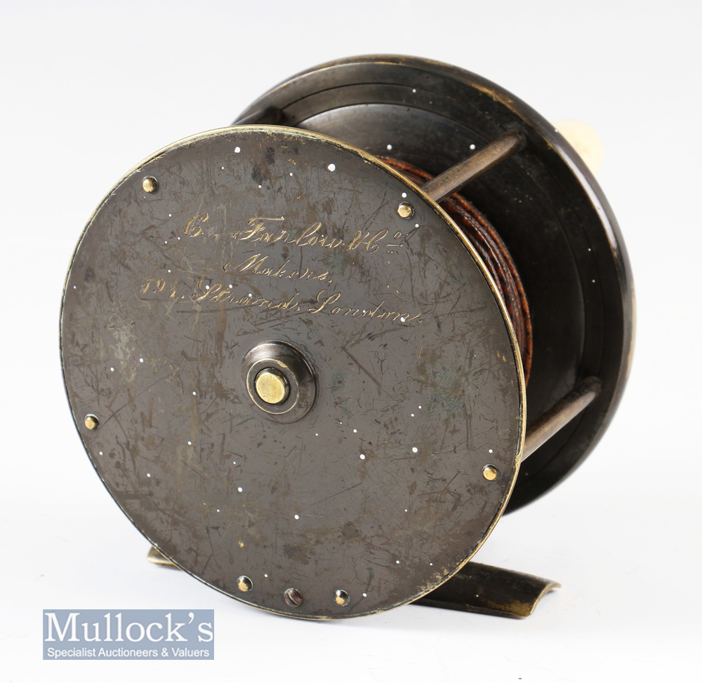 C Farlow 191 Strand London 4” wide drum all brass plate wind reel with four pillar construction^ - Image 3 of 3