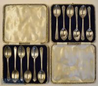 Two Walker & Hall Cased Sets of Silver Golfing Teaspoons: all hallmarked Sheffield 1932 / 1933^ in