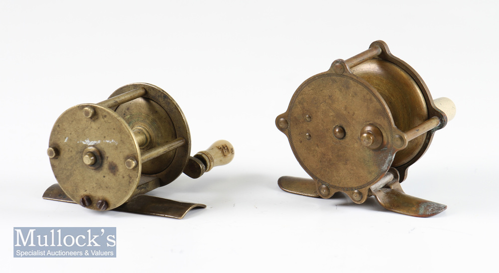 2x Tiny brass crank wind reels – Vic. 1” dia x 1.26” wide drum fitted with curved crank handle - Image 2 of 2