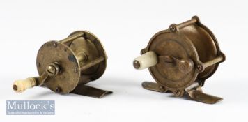 2x Tiny brass crank wind reels – Vic. 1” dia x 1.26” wide drum fitted with curved crank handle