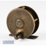 PD Malloch 2 ½” brass plate wind fly reel with maker’s early shield logo to face plate^ five