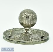 Silver plated Square Mesh Golf Ball Ink Well & Pen Stand: Centre mounted ball with 2 clubs lying