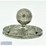 Silver plated Square Mesh Golf Ball Ink Well & Pen Stand: Centre mounted ball with 2 clubs lying