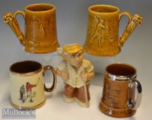 Golfing Ceramics Selection: two Dartmouth pottery tankards with relief designs^ both unmarked^ one