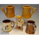 Golfing Ceramics Selection: two Dartmouth pottery tankards with relief designs^ both unmarked^ one