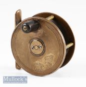 Good Hardy Bros Alnwick Birmingham 2 ¾” brass trout fly reel with makers Rod in Hand and bordered