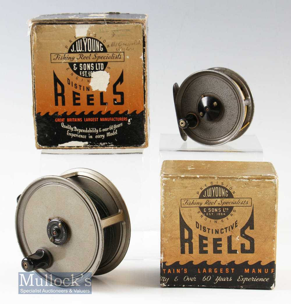 2x JW Young & Sons 3” and 4” ‘Pridex’ fly reels including a 3” with line^ together with a 4” wide