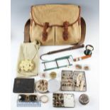 Nice Barbour canvas and leather fishing tackle bag and accessories having two front pockets^ water