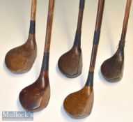 Selection of various size golf club woods (5) - Mirso brown stained brassie^ Hadwell brassie^ Martin