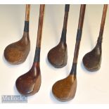 Selection of various size golf club woods (5) - Mirso brown stained brassie^ Hadwell brassie^ Martin