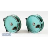 2x Interesting JW Young & Sons ‘Condex Green’ 3 ¼” alloy fly reels finished in same ‘Almond green’