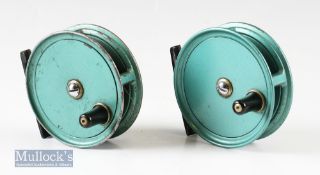 2x Interesting JW Young & Sons ‘Condex Green’ 3 ¼” alloy fly reels finished in same ‘Almond green’