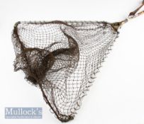 Victorian Sprung Fishing Folding Landing Net Pokerwork bamboo handle with wooden grip and brass